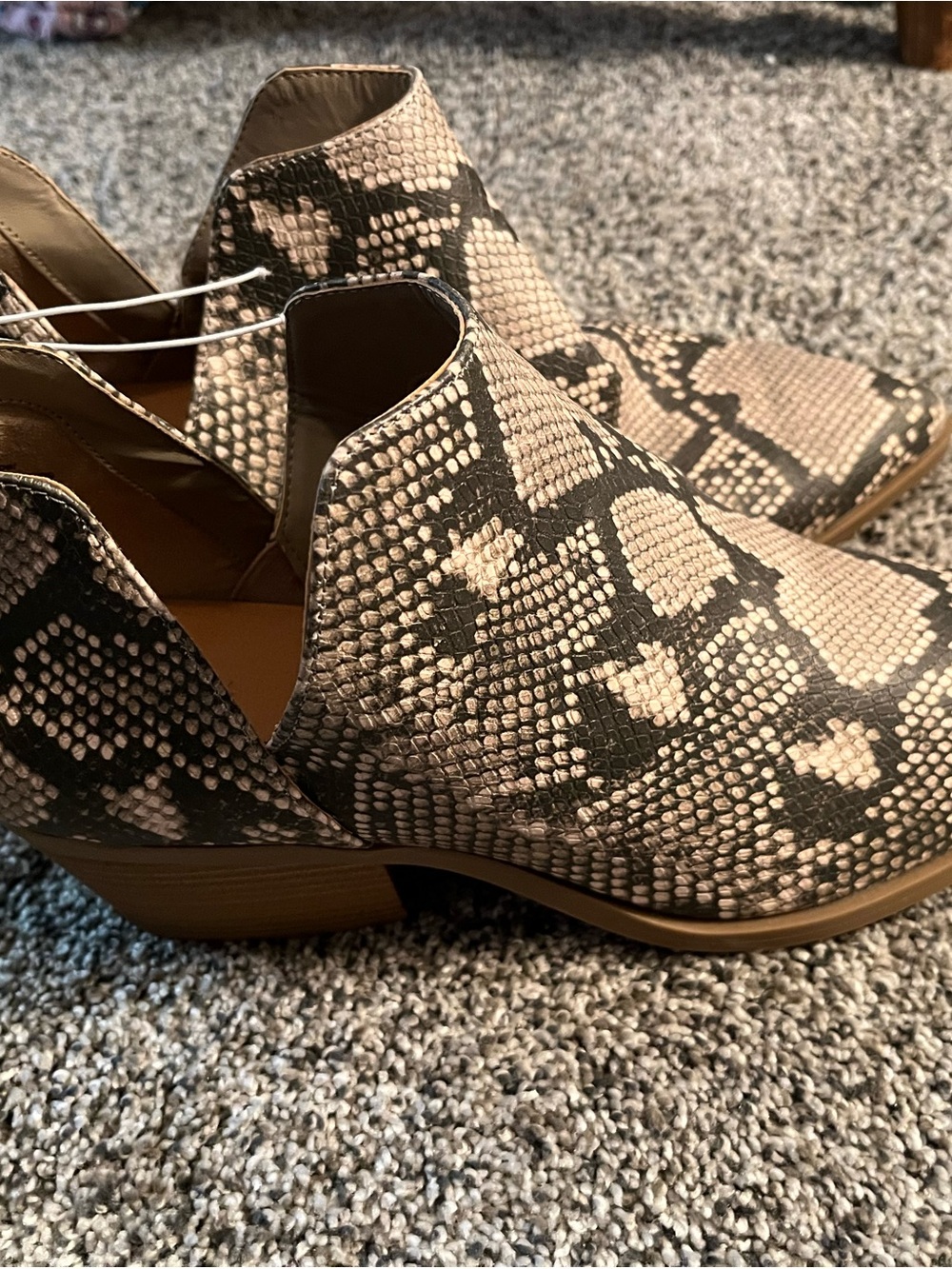 Universal Thread Snake-Print Cutout Ankle Boots in Beige and Charcoal